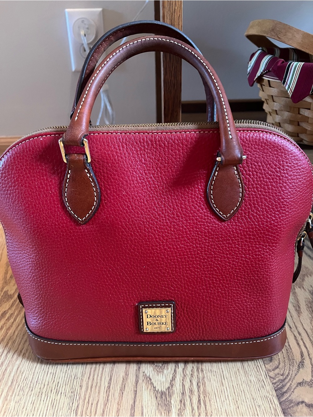 Dooney & Bourke Red Pebble Leather Satchel with Brown Trim